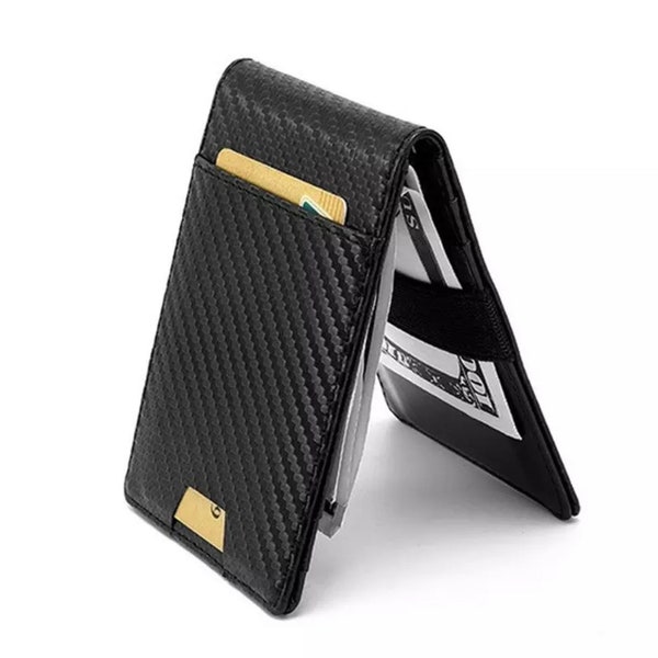 Personalised RFID Carbon Fiber Men Leather Wallet Elastic Band Money Clips Slim Minimalistic Purse Business ID Credit Card Case Cash Holder