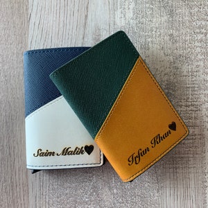 Portefeuille en cuir RFID pour unisexe. Porte-cartes minimaliste automatique gravé, personnalisé. Cadeau personnalisé pour elle et lui.