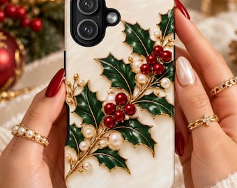 Christmas Phone Case for iPhone 17 or 18, Elegant Holly Style, Stocking Stuffer, Samsung Galaxy