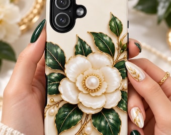 Elegant Floral Phone Case for iPhone 17 or 18, Pearl Inspired Style, Stocking Stuffer, Samsung Galaxy