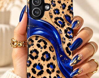 iPhone 17 Case, Blue Glam Phone Cover, Everyday Animal Print Style Accessory, Stocking Stuffer, Gift for Her, Samsung Galaxy