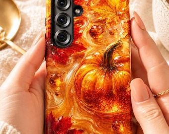 Autumn Pumpkin Phone Case, Fall Maple Leaves Cover, Amber Glass Aesthetic, Cozy Harvest Accessory, Thanksgiving Gift, iPhone Samsung