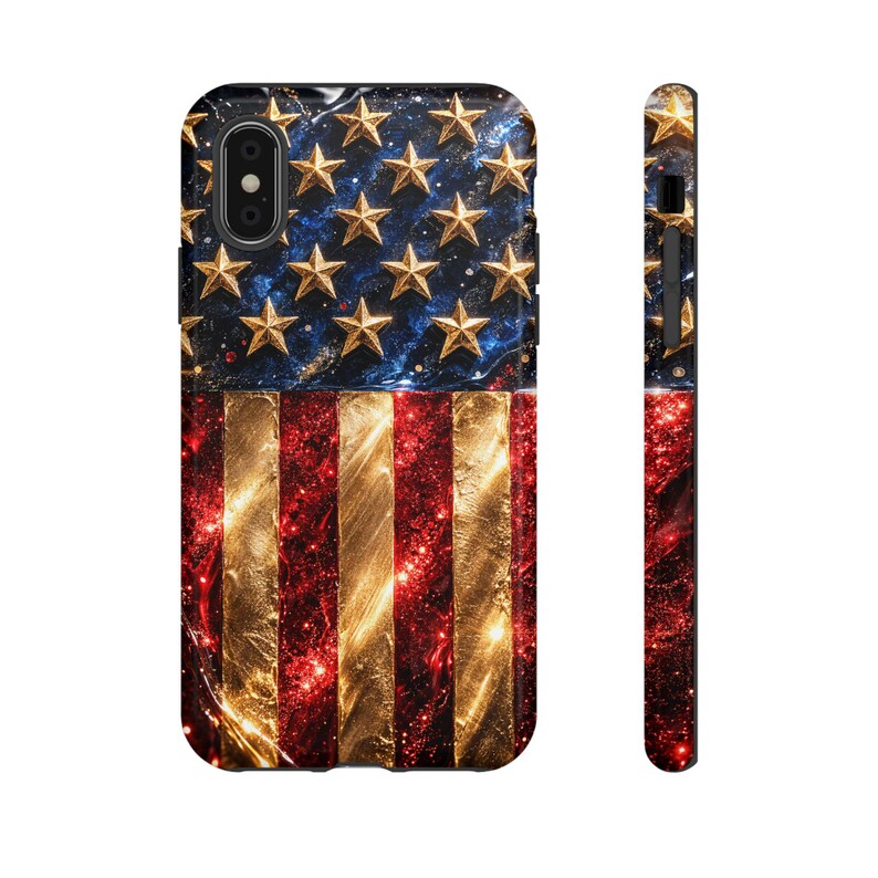 Funda de lujo para teléfono con la bandera estadounidense, funda patriótica con estrellas doradas brillantes, funda para iPhone del 4 de julio, funda glamurosa roja, blanca y azul, idea de regalo de EE. UU. imagen 16