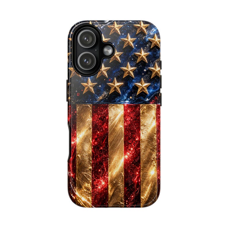 Funda de lujo para teléfono con la bandera estadounidense, funda patriótica con estrellas doradas brillantes, funda para iPhone del 4 de julio, funda glamurosa roja, blanca y azul, idea de regalo de EE. UU. imagen 17