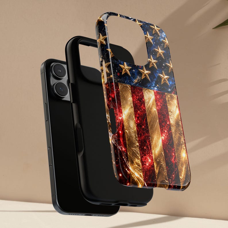 Funda de lujo para teléfono con la bandera estadounidense, funda patriótica con estrellas doradas brillantes, funda para iPhone del 4 de julio, funda glamurosa roja, blanca y azul, idea de regalo de EE. UU. imagen 6