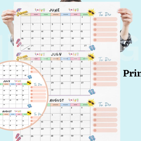 Summer Poster, Monthly calendar, 2024 Planner, Summer break, Summer schedule, Summer bundle, Summer Check List, Summer calendar for kids