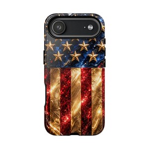 Funda de lujo para teléfono con la bandera estadounidense, funda patriótica con estrellas doradas brillantes, funda para iPhone del 4 de julio, funda glamurosa roja, blanca y azul, idea de regalo de EE. UU. imagen 18
