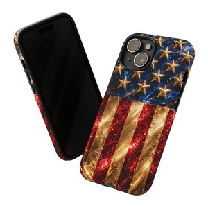 Funda de lujo para teléfono con la bandera estadounidense, funda patriótica con estrellas doradas brillantes, funda para iPhone del 4 de julio, funda glamurosa roja, blanca y azul, idea de regalo de EE. UU. imagen 11