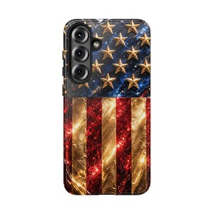 Funda de lujo para teléfono con la bandera estadounidense, funda patriótica con estrellas doradas brillantes, funda para iPhone del 4 de julio, funda glamurosa roja, blanca y azul, idea de regalo de EE. UU. imagen 19
