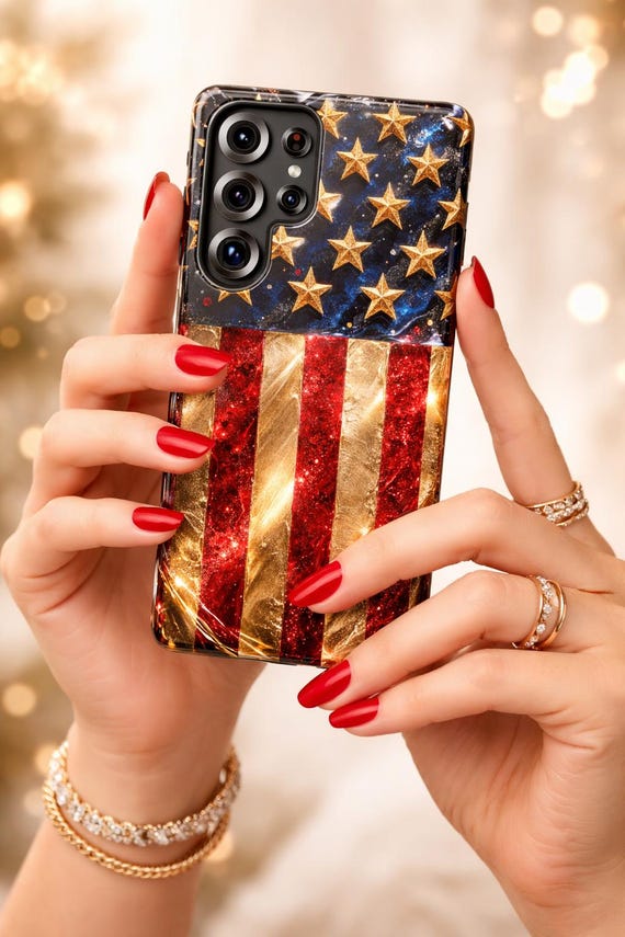 Luxury American Flag Phone Case, Glitter Gold Stars Patriotic Case, 4th of July iPhone Case, Red White Blue Glam Cover, USA Gift Idea