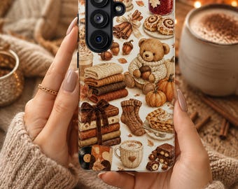 Funda acogedora para teléfono con temática otoñal, diseño de calabaza y especias, para iPhone y Samsung, regalo femenino de otoño.