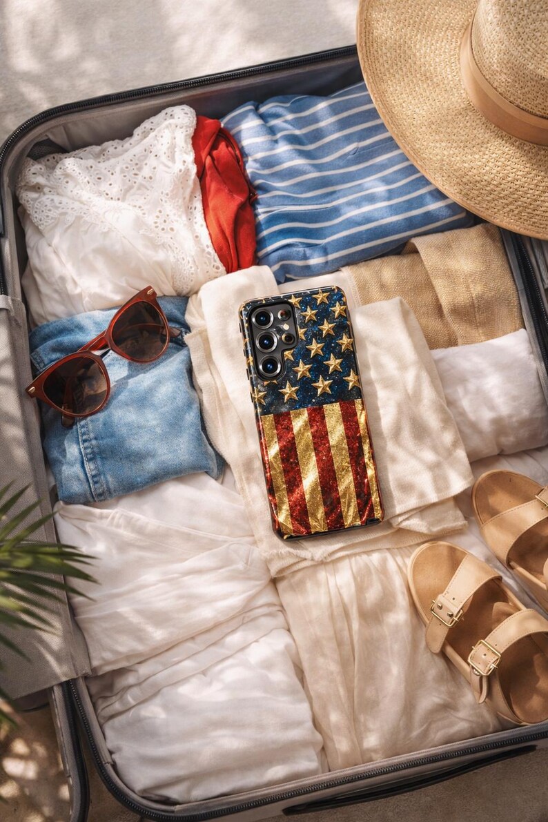 Puede incluir: Una funda para smartphone con un dise&ntilde;o brillante de la bandera estadounidense con estrellas doradas y rayas rojas y blancas, colocada dentro de una maleta con ropa doblada, un sombrero de paja, gafas de sol marrones y sandalias beige.