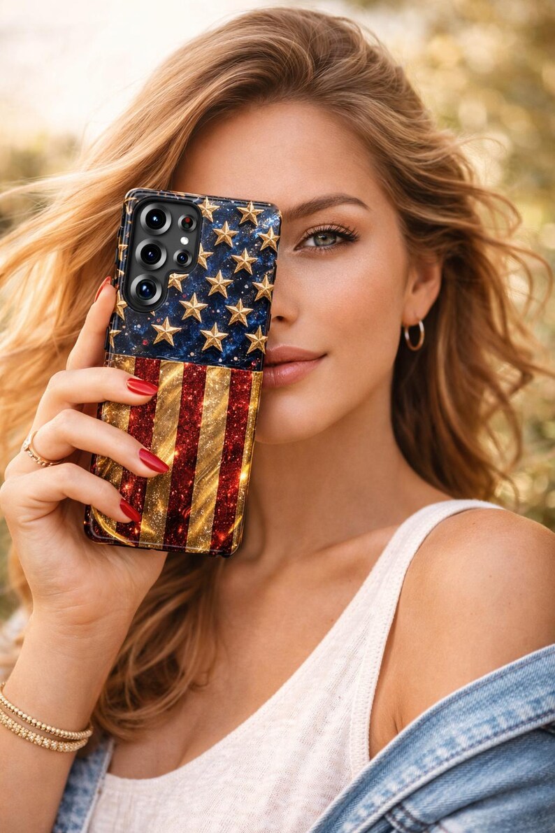 Puede incluir: Una funda rectangular para smartphone con un dise&ntilde;o brillante de la bandera estadounidense. La secci&oacute;n superior muestra estrellas doradas sobre un fondo azul oscuro, mientras que la inferior presenta rayas rojas y doradas con purpurina.