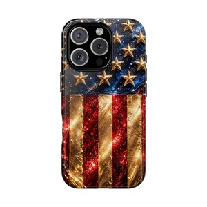 Funda de lujo para teléfono con la bandera estadounidense, funda patriótica con estrellas doradas brillantes, funda para iPhone del 4 de julio, funda glamurosa roja, blanca y azul, idea de regalo de EE. UU. imagen 15