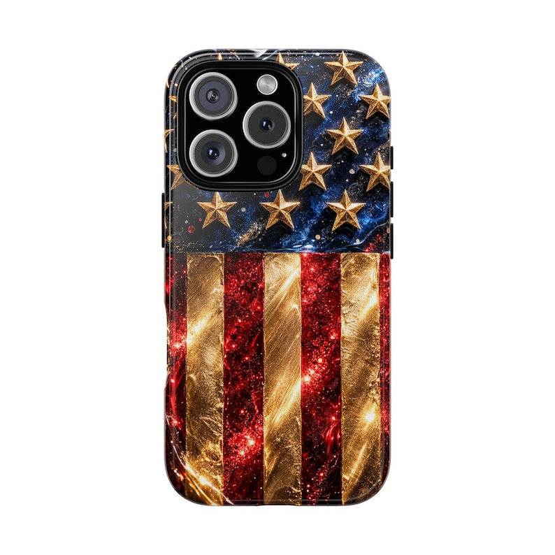 Funda de lujo para teléfono con la bandera estadounidense, funda patriótica con estrellas doradas brillantes, funda para iPhone del 4 de julio, funda glamurosa roja, blanca y azul, idea de regalo de EE. UU. imagen 15