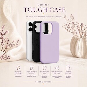 Puede incluir: Se muestran tres fundas para smartphone en blanco, negro y morado claro. El texto dice MIMIMU TOUGH CASE, BEAUTIFUL ON THE OUTSIDE. STRONG ON THE INSIDE. Los iconos indican protecci&oacute;n de doble capa, interior amortiguador, carcasa exterior duradera, compatibilidad con carga inal&aacute;mbrica y opciones de acabado. El nombre de la marca MIMIMU STUDIO est&aacute; en la parte inferior.