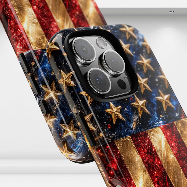 Funda de lujo para teléfono con la bandera estadounidense, funda patriótica con estrellas doradas brillantes, funda para iPhone del 4 de julio, funda glamurosa roja, blanca y azul, idea de regalo de EE. UU. imagen 3