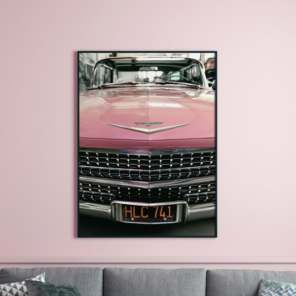 Vintage Classic Car Print: Pink Retro Cadillac
