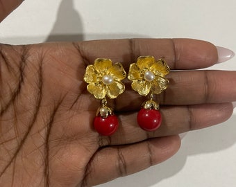 Gold flower red ball drop earring, fresh water pearl dangle statement earring, red ball round earring, birthday mothers day gift idea