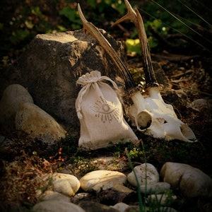 Pode incluir: Uma pequena bolsa de cord&atilde;o bege com um desenho de olho branco est&aacute; sobre uma rocha ao lado de um cr&acirc;nio de veado com chifres. A cena se passa em uma floresta com vegeta&ccedil;&atilde;o verde e rochas.