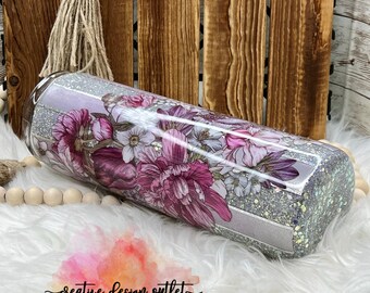 ¡Vaso de 30 onzas de plata púrpura a rayas florales brillantes!