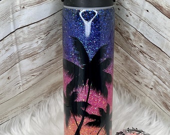 Vaso con purpurina de 32 onzas, Puesta de sol, Palmeras, Una puesta de sol a la vez