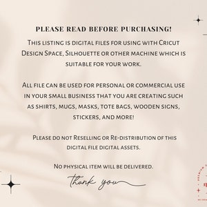 Puede incluir: Un fondo blanco con texto negro que dice "PLEASE READ BEFORE PURCHASING!" Esta lista es de archivos digitales para usar con Cricut Design Space, Silhouette u otra m&aacute;quina que sea adecuada para su trabajo. Todos los archivos se pueden usar para uso personal o comercial en su peque&ntilde;a empresa que est&aacute; creando, como camisas, tazas, m&aacute;scaras, bolsas de mano, letreros de madera, calcoman&iacute;as y m&aacute;s. &iexcl;Por favor, no revenda ni redistribuya estos activos digitales de archivos digitales! No se entregar&aacute; ning&uacute;n art&iacute;culo f&iacute;sico. Gracias.