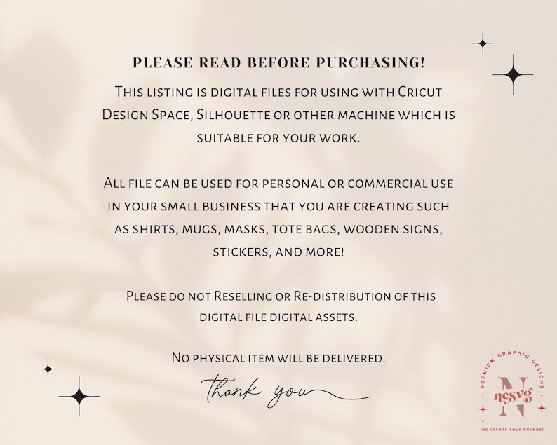 Puede incluir: Un fondo blanco con texto negro que dice "PLEASE READ BEFORE PURCHASING!" Esta lista es de archivos digitales para usar con Cricut Design Space, Silhouette u otra m&aacute;quina que sea adecuada para su trabajo. Todos los archivos se pueden usar para uso personal o comercial en su peque&ntilde;a empresa que est&aacute; creando, como camisas, tazas, m&aacute;scaras, bolsas de mano, letreros de madera, calcoman&iacute;as y m&aacute;s. &iexcl;Por favor, no revenda ni redistribuya estos activos digitales de archivos digitales! No se entregar&aacute; ning&uacute;n art&iacute;culo f&iacute;sico. Gracias.