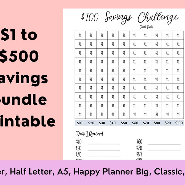 One Dollar To 500 Savings Challenge Bundle Printable | Planner Insert for Happy Planners, US Letter, Half Letter, and A5