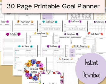 Goal Planning Printable Bundle | 30 Pages US Letter HP Classic & BIG | Floral Watercolor Themed