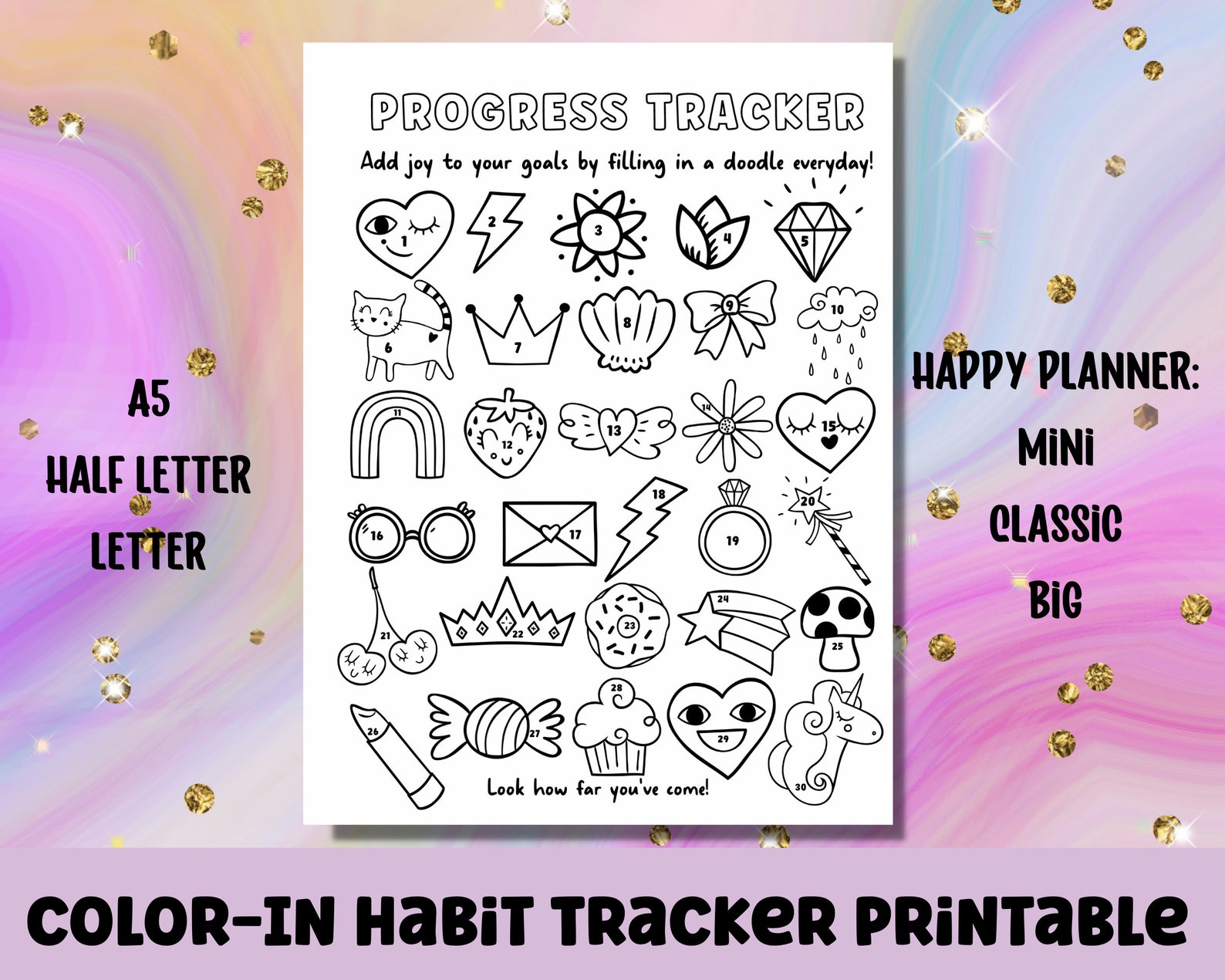 30 Day Habit Tracker Printable | Color in Cute Doodles | Fits A5 ...