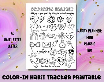 30 Day Habit Tracker Printable | Color In Cute Doodles | Fits A5, Letter, Half Letter, Happy Planner Classic, Happy Planner Mini