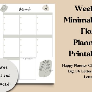 Vertikaler One Page Weekly Planner Printable | Salbei Grün Minimalist Floral Line Art | US Letter, Half Letter, Happy Planner Classic, Groß, A5