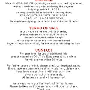 May include: White background with text detailing shipping, terms of sale, and contact information. The text includes information about shipping times, return policies, and how to contact the seller for assistance. The text is in black and red.