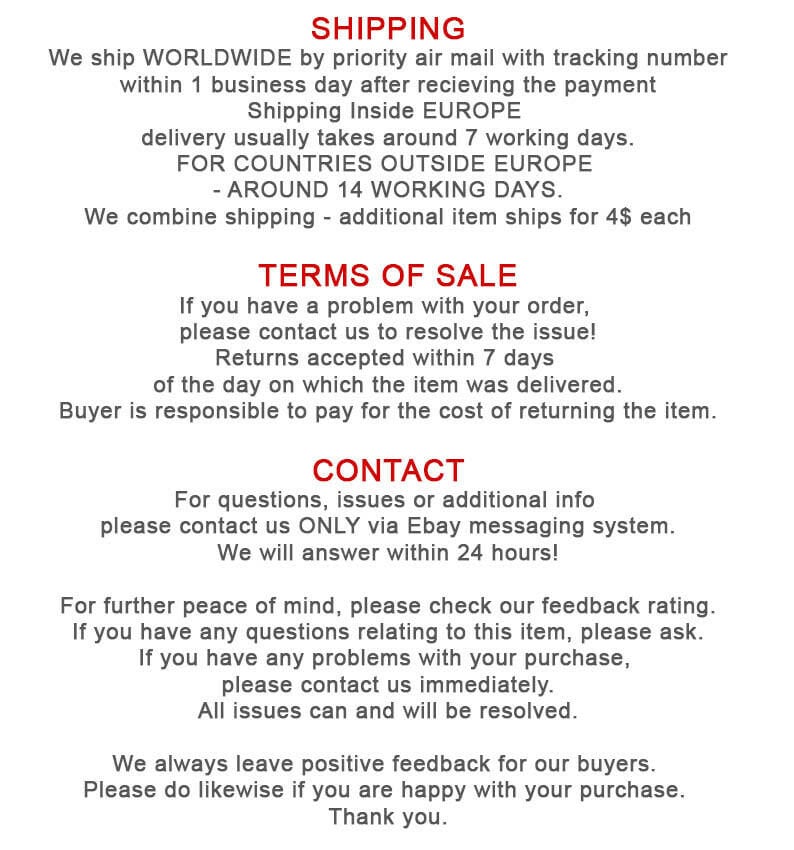 May include: White background with text detailing shipping, terms of sale, and contact information. The text includes information about shipping times, return policies, and how to contact the seller for assistance. The text is in black and red.