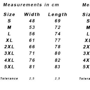May include: Black t-shirt with size and measurement charts in inches and centimeters. The chart shows width and length measurements for sizes S to 5XL, with width ranging from 19 to 32 inches and length from 27 to 33 inches.