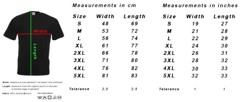 May include: Black t-shirt with size and measurement charts in inches and centimeters. The chart shows width and length measurements for sizes S to 5XL, with width ranging from 19 to 32 inches and length from 27 to 33 inches.