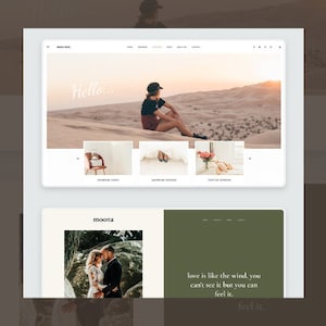 May include: A website design featuring a desert landscape with a person sitting on a dune. The website includes the word "Malina" at the top and the word "Hello..." in cursive. Below are three image thumbnails and a section with the word "moona".