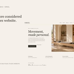 May include: A website interface for Zaii Studio Oriel featuring the text A more considered Pilates website. The layout includes the heading Movement, made personal, a photograph of a wooden Pilates reformer, and navigation links.