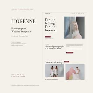 May include: A digital website template for photographers titled LIORENNE, featuring a clean layout with serif typography, placeholder imagery of people in white clothing, and text sections including For the feeling, For the forever, and Beautiful photographs.