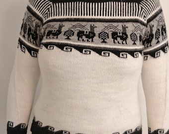 Alpaca sweater women's size M alpaca pattern white grey from Bolivia knitted sweaters Inka Alpaca autumn winter