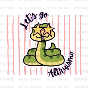 Puede incluir: Una ilustración de una serpiente verde con vientre amarillo, que lleva gafas amarillas en forma de estrella con bordes rosas. El texto "Let's go" está arqueado sobre la serpiente y "Altruismo" está escrito en cursiva debajo, sobre rayas rosas.