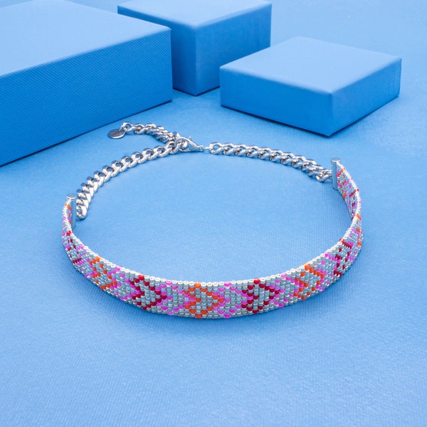 Collana choker Cuori multicolor ricamata con perline in vetro Miyuki