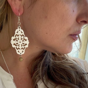 Damask Tan Leather Earrings, dangle drop earrings, womens jewelry, leather earrings, leather jewelry, gifts for women, minimalist,gift