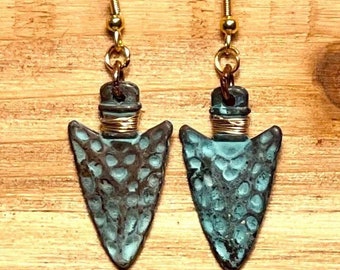 Patina Arrowhead Earrings, boho jewelry, womens earrings, womens jewelry, nickel free, dangle drop earrings, arrowhead jewelry, minimalist