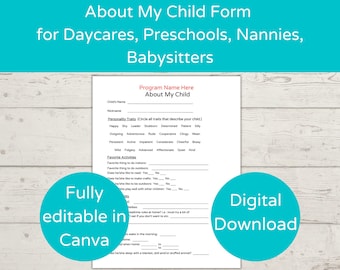 Editable About My Child Form/ Child Information/ Child Info Sheet/ Childcare Form/ Daycare Form/ Preschool Enrollment