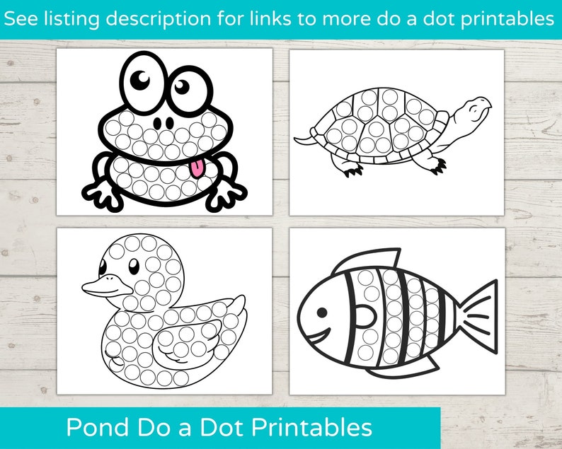 Peut inclure: Quatre images imprimables en noir et blanc d'une grenouille, d'une tortue, d'un canard et d'un poisson. Chaque image est compos&eacute;e de cercles qui peuvent &ecirc;tre colori&eacute;s avec des marqueurs do-a-dot. Le texte "Pond Do a Dot Printables" est en bas de l'image.
