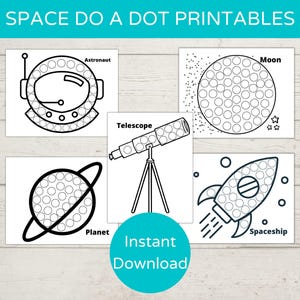 May include: Black and white printable space-themed dot-to-dot activity sheets. The sheets feature an astronaut, telescope, planet, moon, and spaceship.