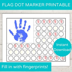 May include: Printable worksheet with a blue handprint and a grid of circles. The circles are to be filled in with fingerprints. The text "Fill in with fingerprints!" is at the bottom of the page. The text "Instant Download" is in a teal box in the upper right corner.
