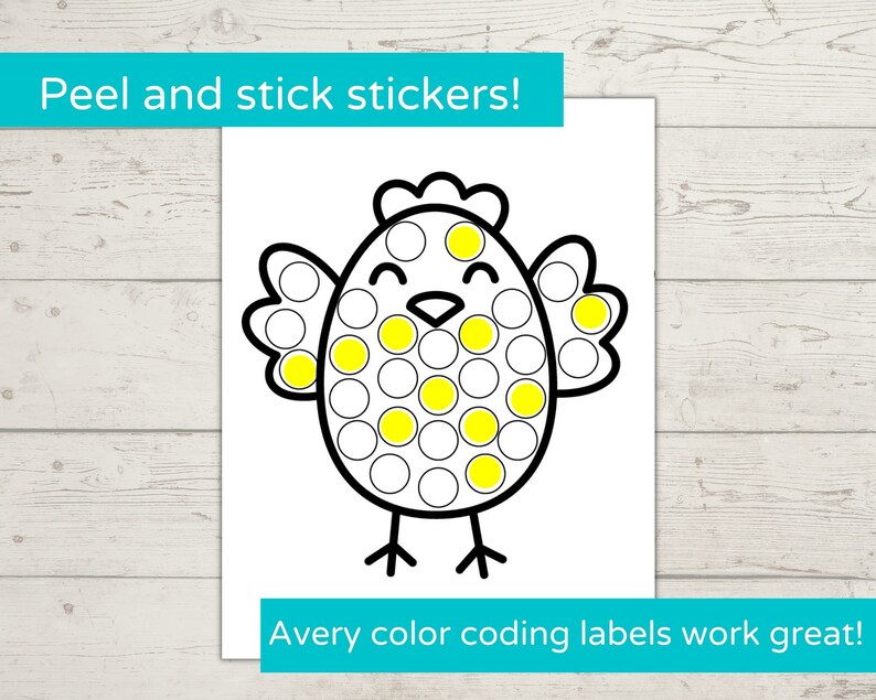 May include: A black and white outline of a chick with a yellow circle pattern. The text "Peel and stick stickers!" is at the top of the image. The text "Avery color coding labels work great!" is at the bottom of the image.